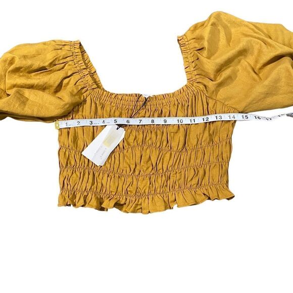 NWT A Loves A Straw Mustard Ruched Puff Long Sleeve Cropped Blouse Linen Blend S - Picture 11 of 12
